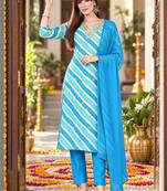 printed v-neck sequinned chanderi cotton kurta with trousers & dupatta