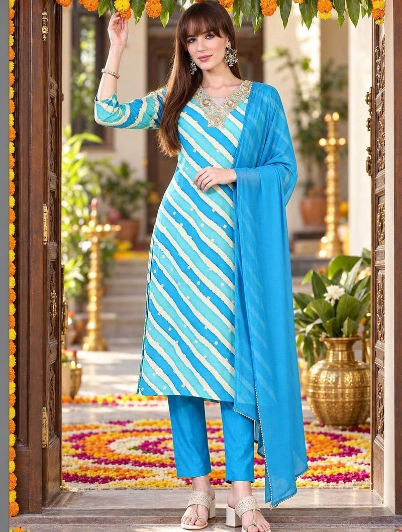 printed v-neck sequinned chanderi cotton kurta with trousers & dupatta