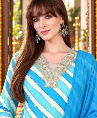 printed v-neck sequinned chanderi cotton kurta with trousers & dupatta 2