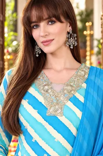 printed v-neck sequinned chanderi cotton kurta with trousers & dupatta