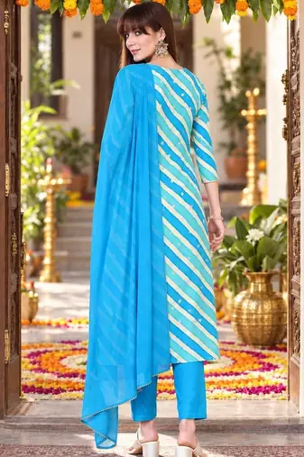 printed v-neck sequinned chanderi cotton kurta with trousers & dupatta