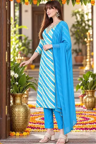 printed v-neck sequinned chanderi cotton kurta with trousers & dupatta
