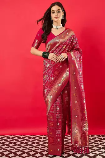 Pink ethnic motifs woven design zari detail saree