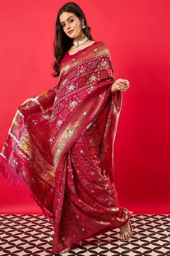 Pink ethnic motifs woven design zari detail saree