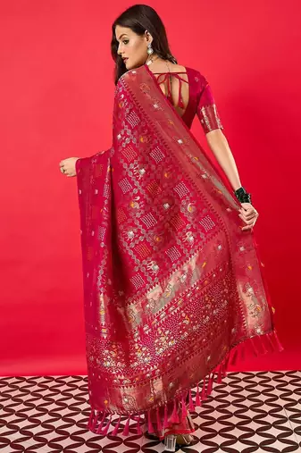 Pink ethnic motifs woven design zari detail saree