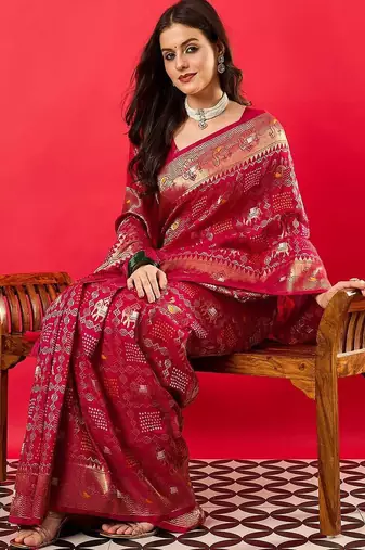 Pink ethnic motifs woven design zari detail saree