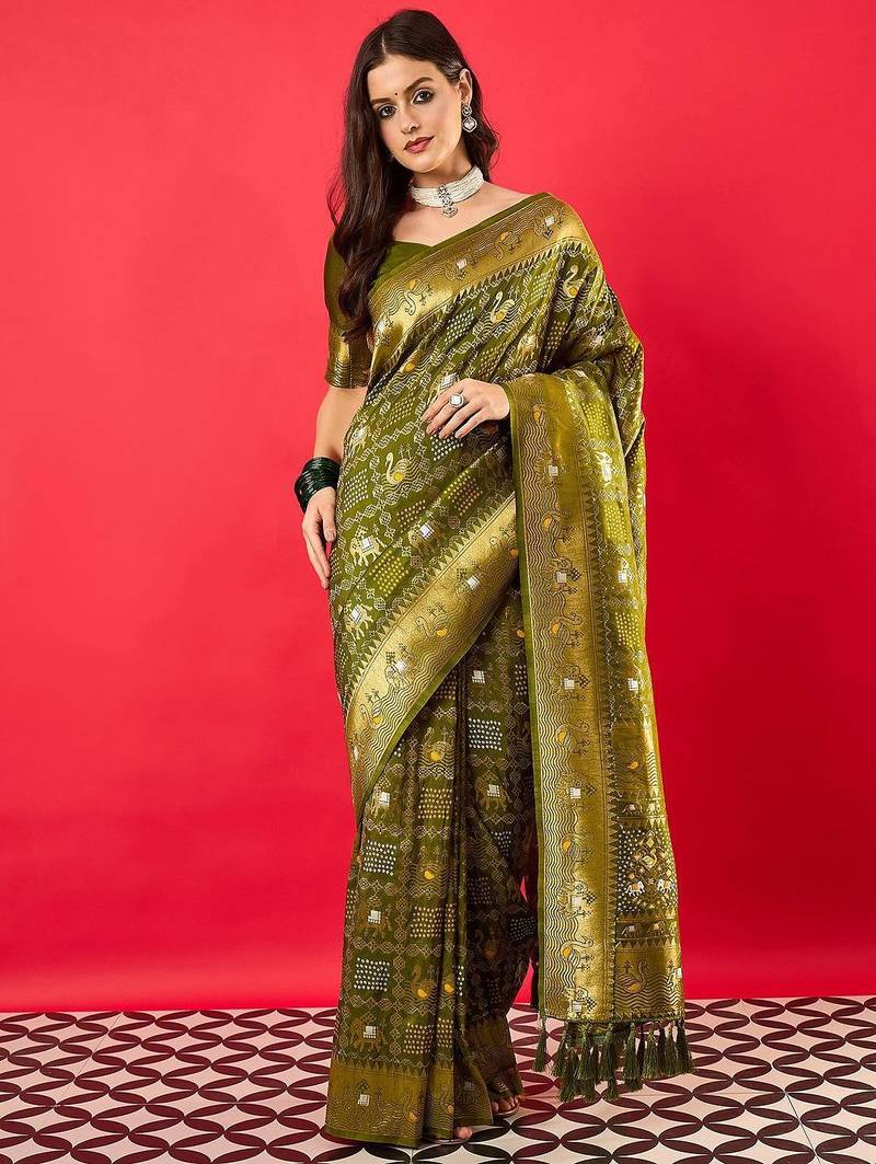 Green green bandhani woven design bandhani saree