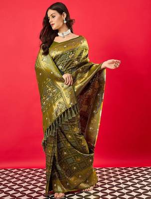 Green green bandhani woven design bandhani saree 3