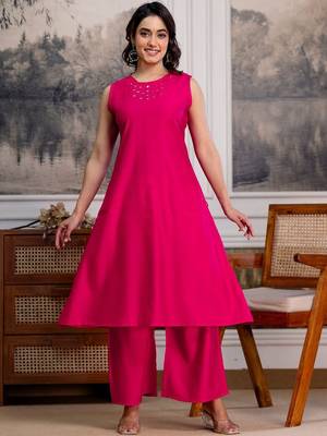 women regular mirror work kurta with palazzos 7