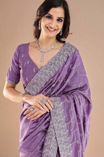 Lavender floral embroidered zari saree