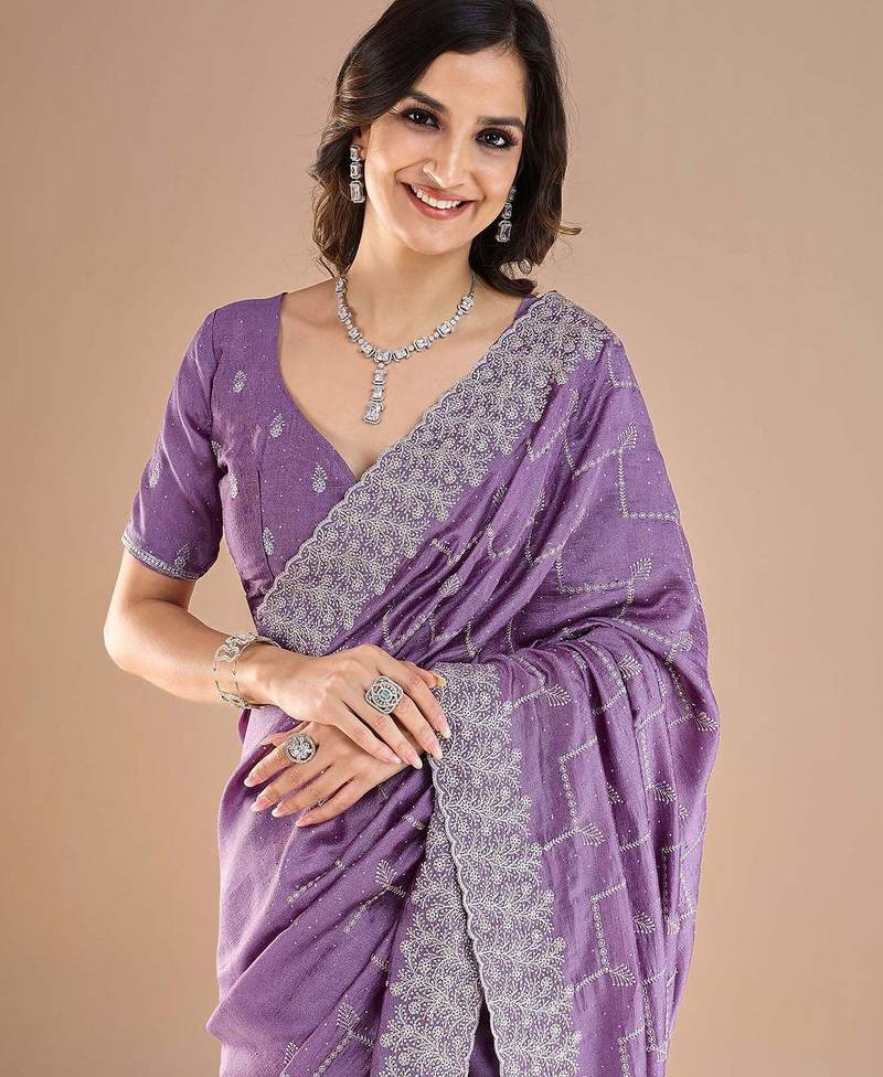 Lavender floral embroidered zari saree