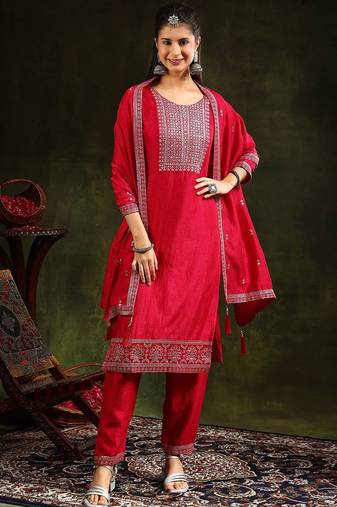 floral embroidered swarovski work kurta with trousers and dupatta