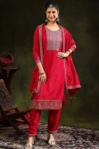 floral embroidered swarovski work kurta with trousers and dupatta