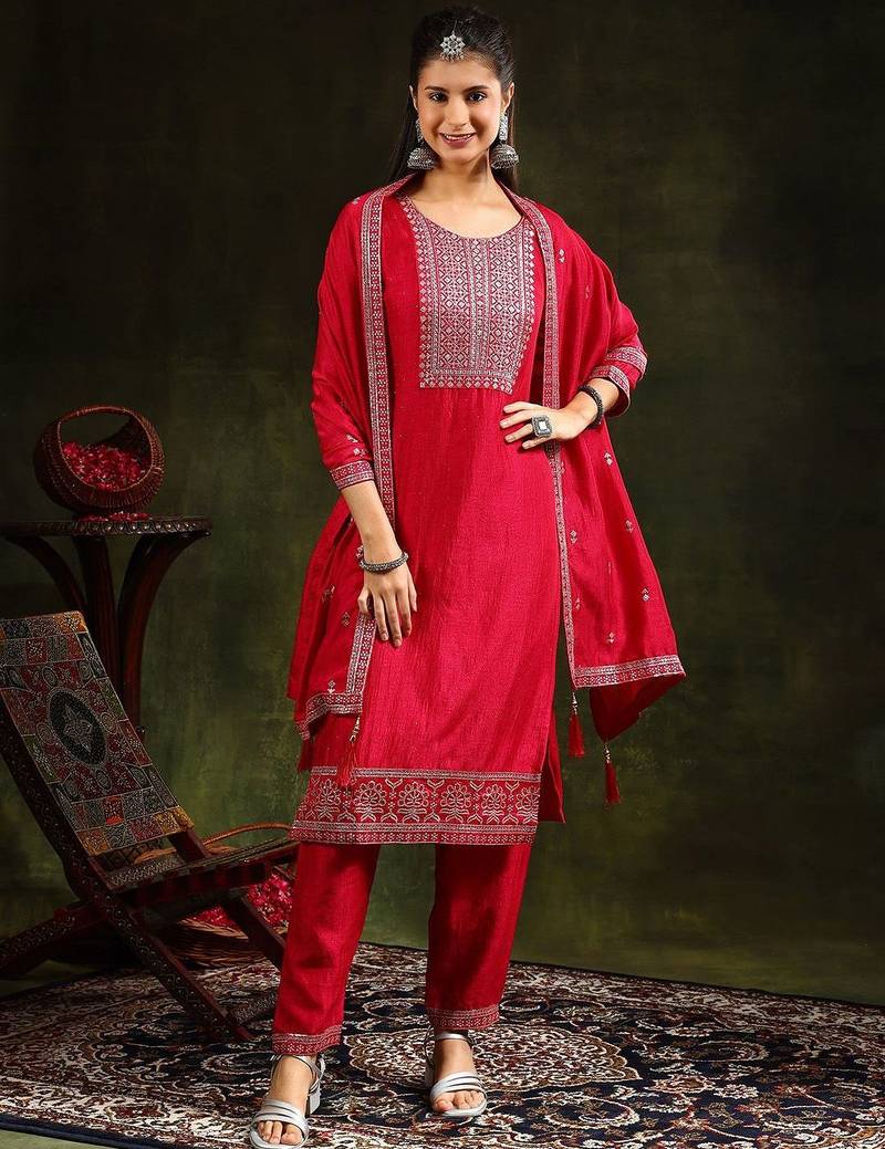 floral embroidered swarovski work kurta with trousers and dupatta