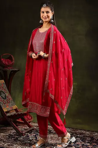 floral embroidered swarovski work kurta with trousers and dupatta