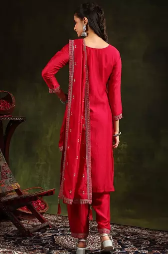 floral embroidered swarovski work kurta with trousers and dupatta