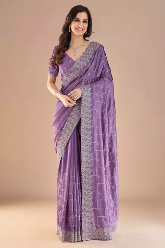 Lavender floral embroidered zari saree