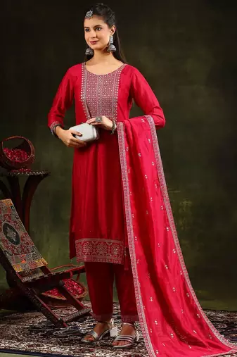 floral embroidered swarovski work kurta with trousers and dupatta