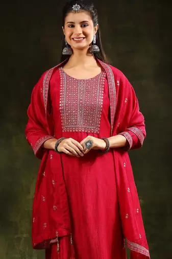 floral embroidered swarovski work kurta with trousers and dupatta