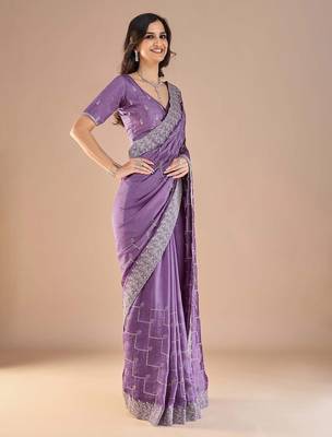 Lavender floral embroidered zari saree 3