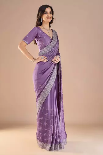 Lavender floral embroidered zari saree