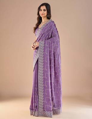 Lavender floral embroidered zari saree 4