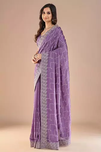 Lavender floral embroidered zari saree
