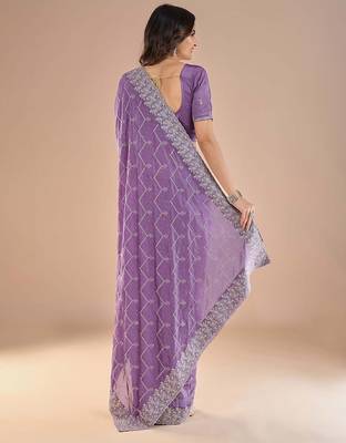Lavender floral embroidered zari saree 5