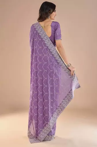 Lavender floral embroidered zari saree