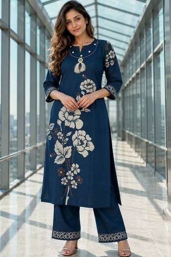 women floral printed regular thread work chanderi cotton kurta with palazzos