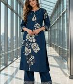 women floral printed regular thread work chanderi cotton kurta with palazzos