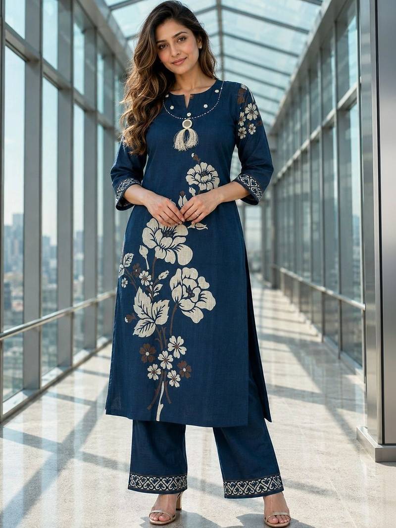 women floral printed regular thread work chanderi cotton kurta with palazzos