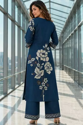 women floral printed regular thread work chanderi cotton kurta with palazzos