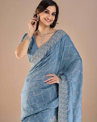 Blue embroidered beads and stones saree 1