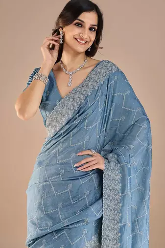 Blue embroidered beads and stones saree
