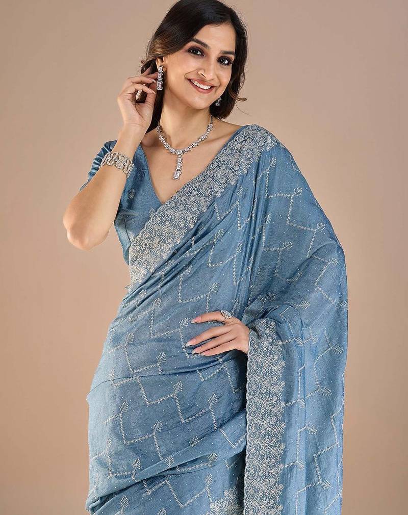 Blue embroidered beads and stones saree