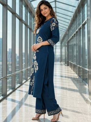 women floral printed regular thread work chanderi cotton kurta with palazzos 4