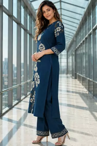 women floral printed regular thread work chanderi cotton kurta with palazzos