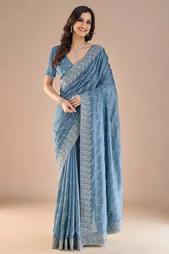 Blue embroidered beads and stones saree