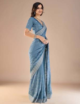 Blue embroidered beads and stones saree 3
