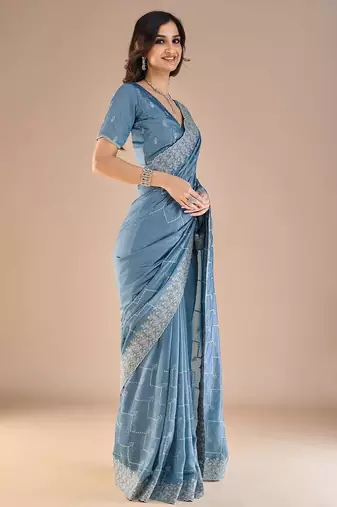 Blue embroidered beads and stones saree
