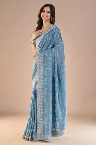 Blue embroidered beads and stones saree