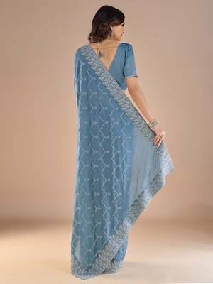 Blue embroidered beads and stones saree 5