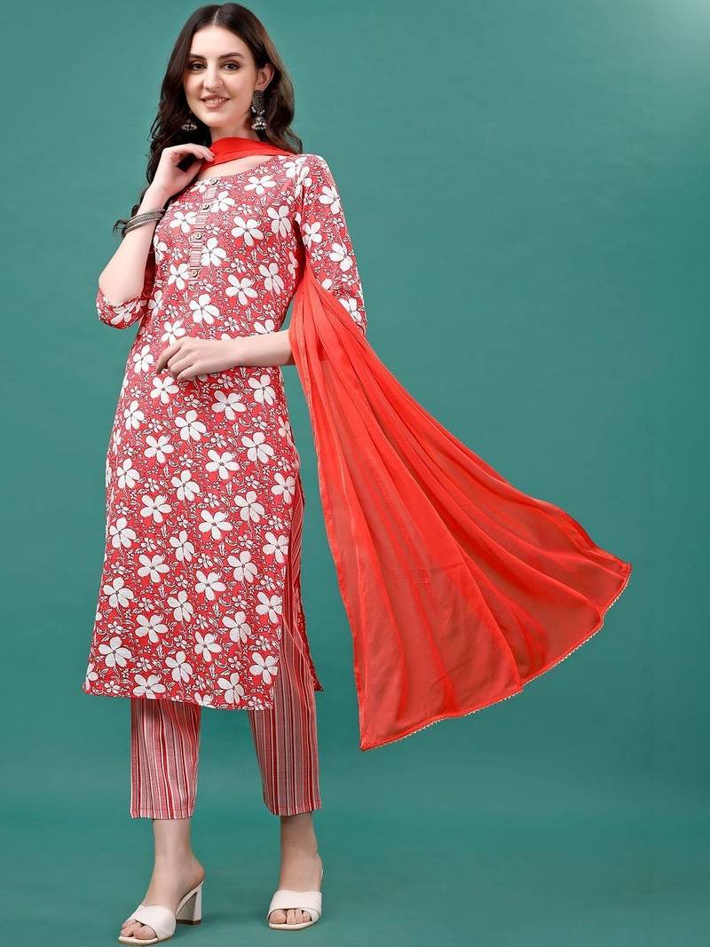 women floral printed kurta with trousers & with dupatta
