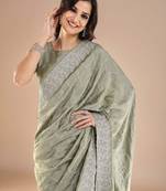 Sea green floral embroidered beads and stones saree