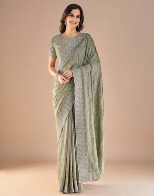 Sea green floral embroidered beads and stones saree 2