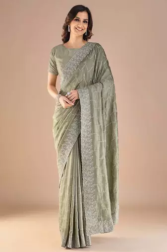 Sea green floral embroidered beads and stones saree