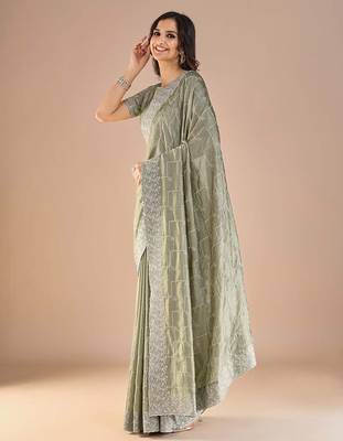Sea green floral embroidered beads and stones saree 3