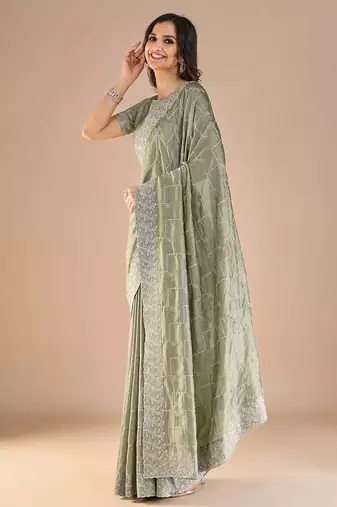 Sea green floral embroidered beads and stones saree
