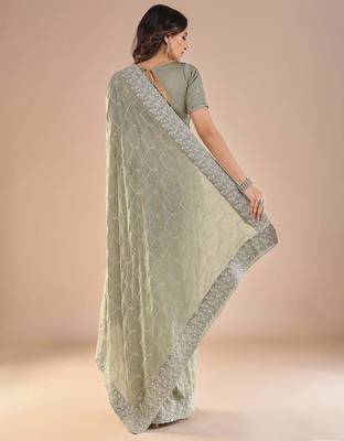 Sea green floral embroidered beads and stones saree 4
